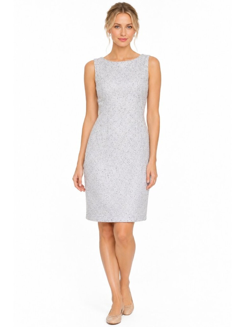 NWT St John Tweed Sheath in Silver Multi Rhinestone Trim Sleeveless Dress 8